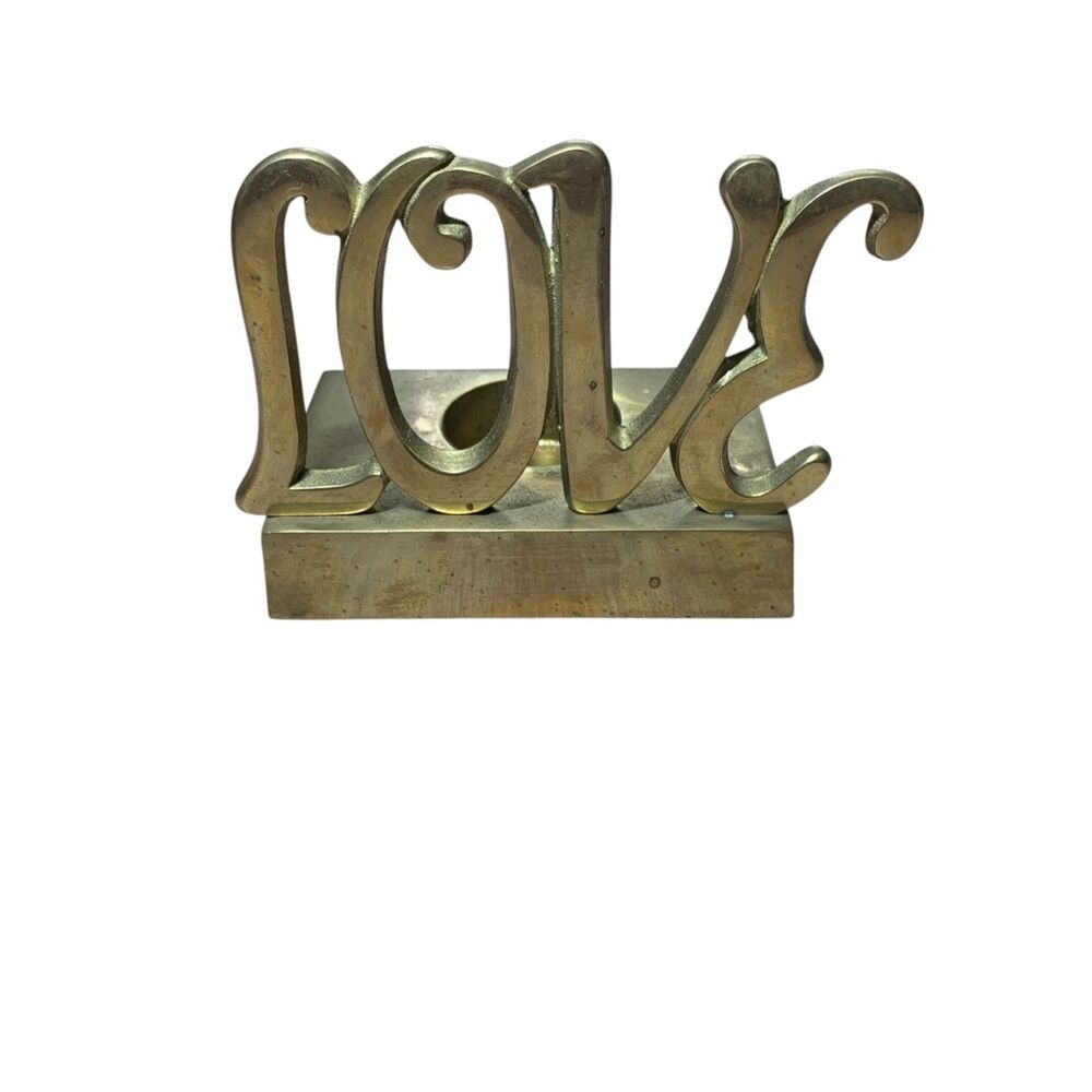 Vintage Brass Love Votive Candle Holder Weighted